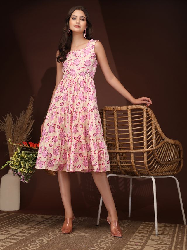 Minimal Pink Floral Cotton Midi Dress