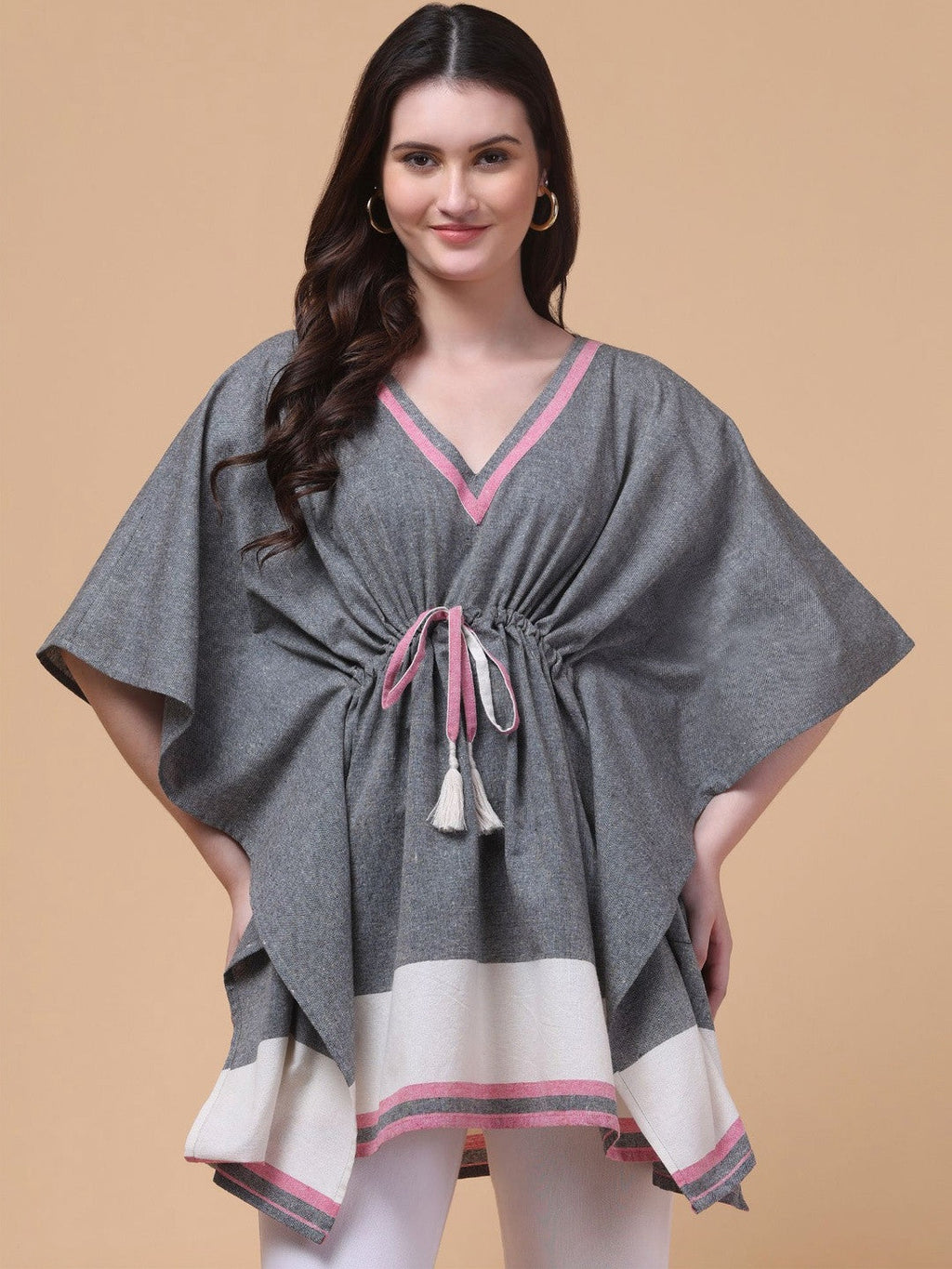 Grey Cotton Tie-Up Kaftan Top