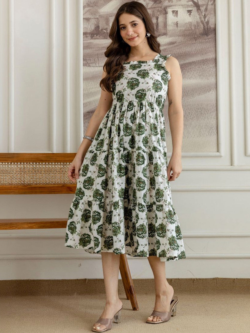 Floral Charm Green Midi Dress