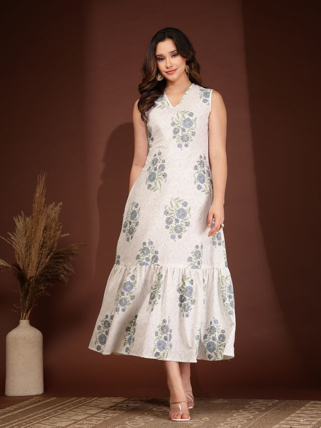 Elegant White Floral Print A-Line Maxi Dress