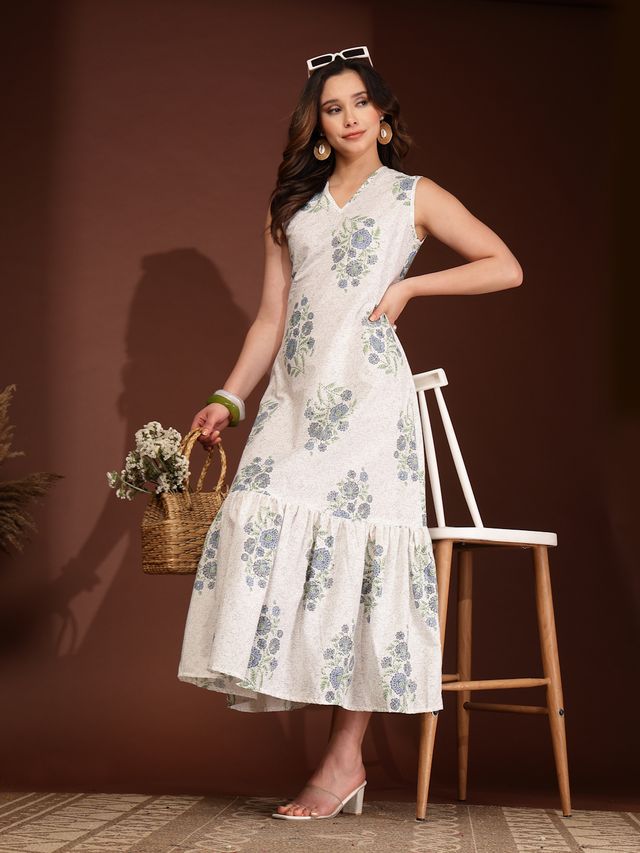 Elegant White Floral Print A-Line Maxi Dress