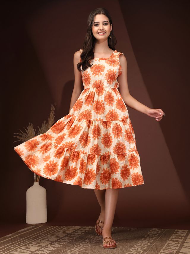 Sunset Bloom Orange Floral Midi Dress