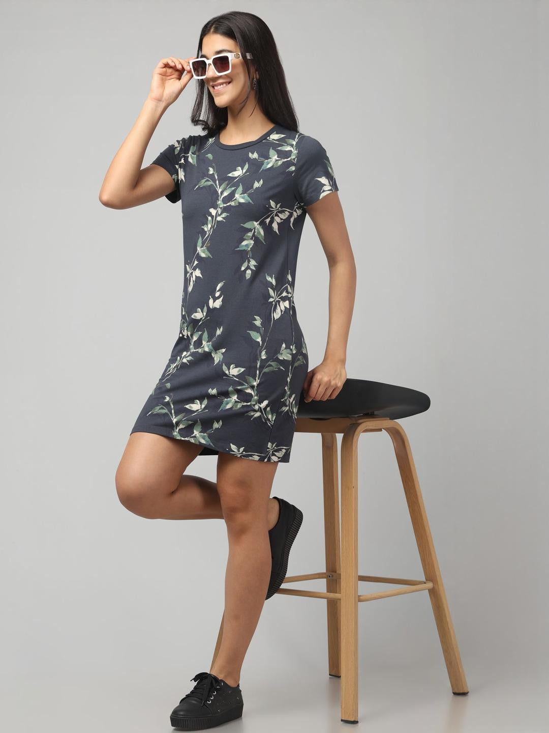 Black Floral Print Cotton T-Shirt Dress