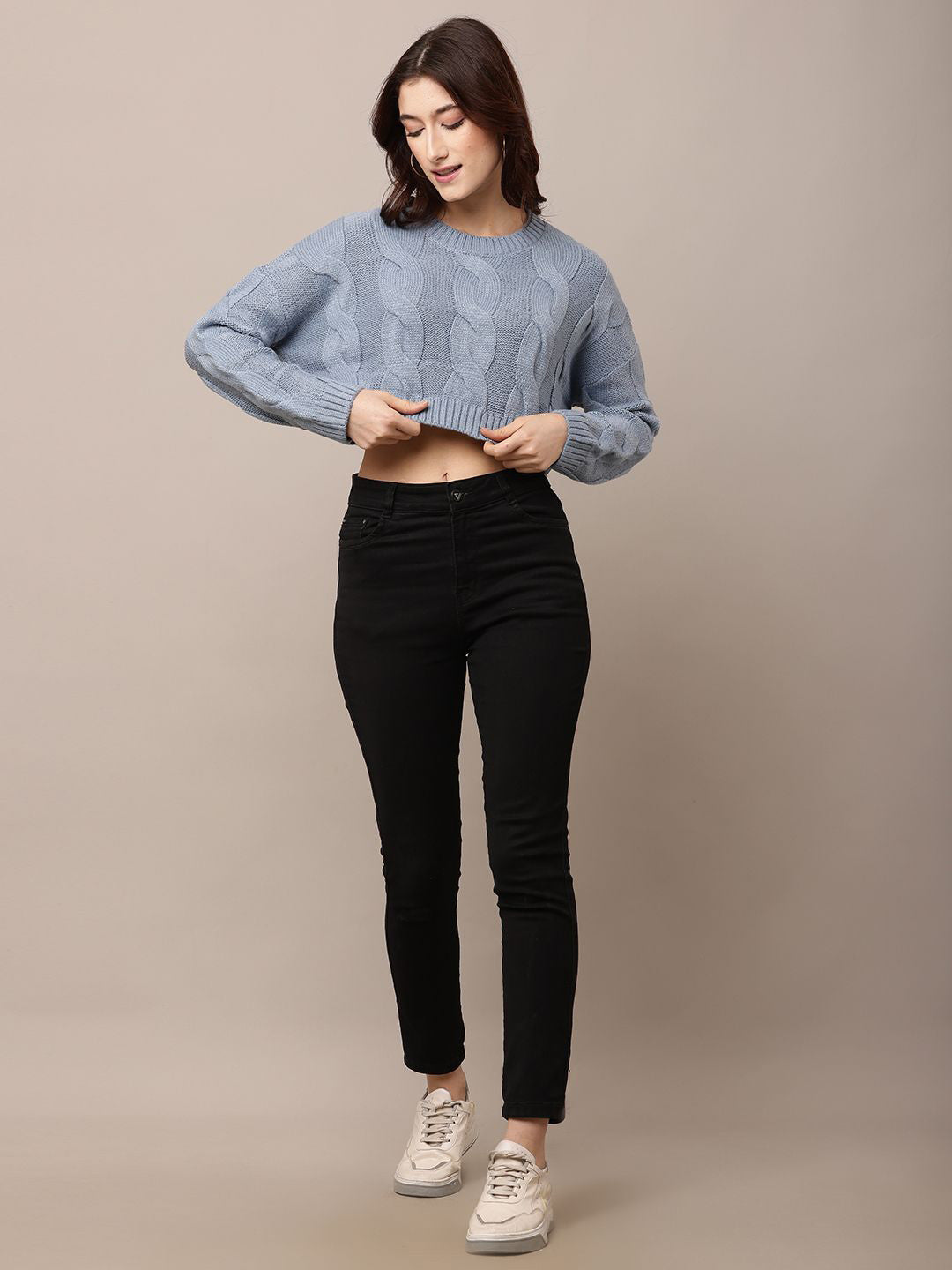 Blue Cozy Round Neck Ribbed Pullover