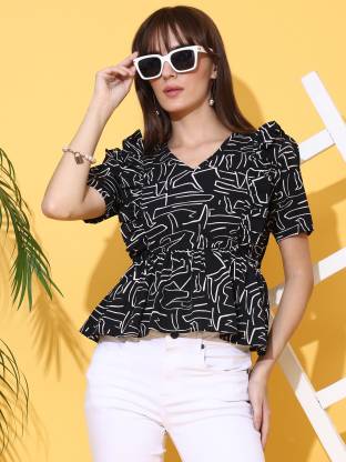 Black Printed V Neck Top