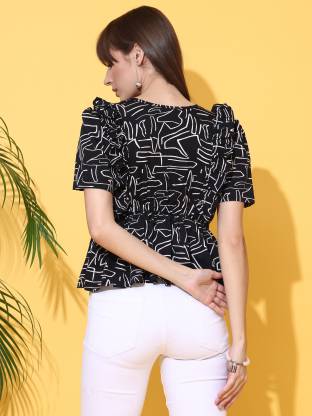 Black Printed V Neck Top