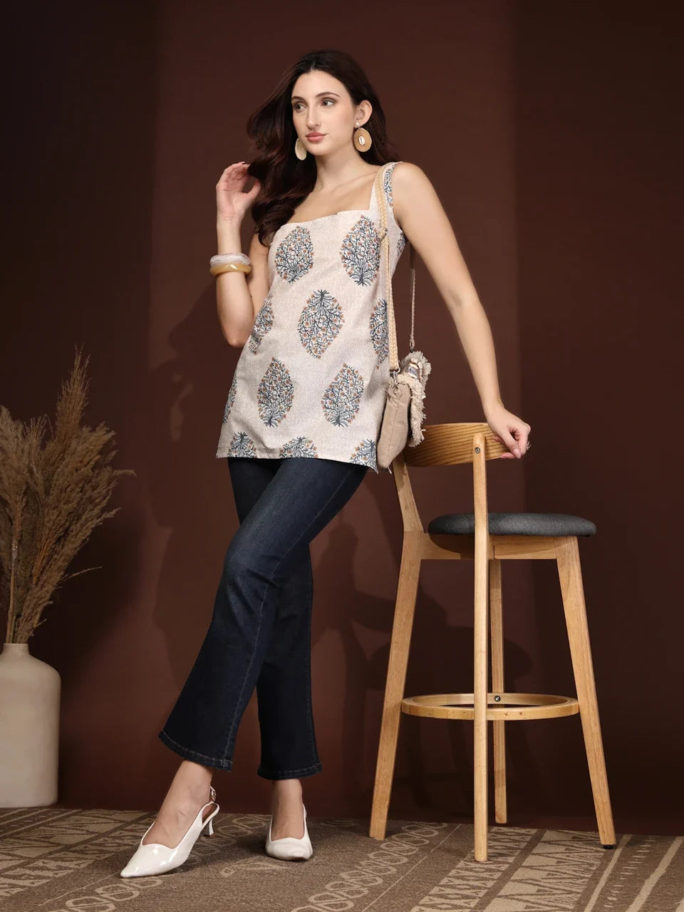Grey Bloom Printed Short Kurta