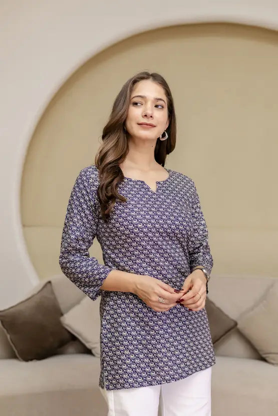 Chic Minimal Print Blue Short Kurta