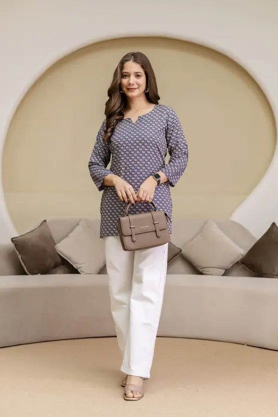Chic Minimal Print Blue Short Kurta
