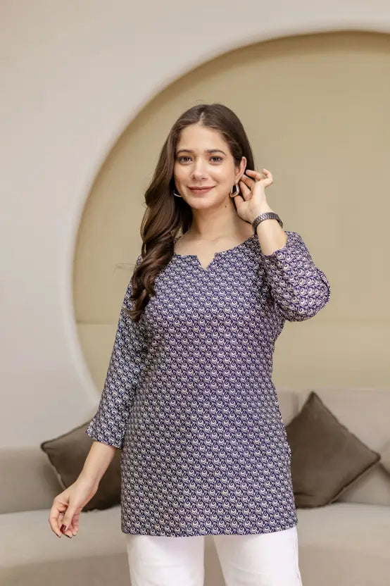 Chic Minimal Print Blue Short Kurta