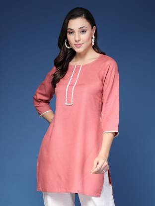 Peach Solid Straight Kurta