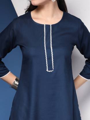 Blue Solid Round Neck Straight Kurta