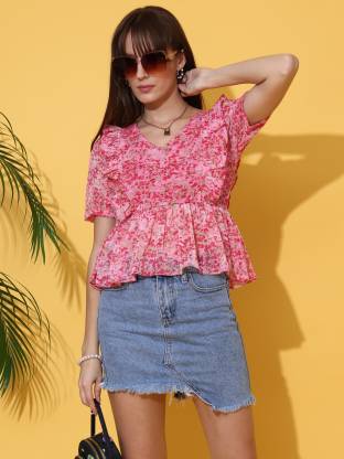 Pink printed V Neck Short sleeves  Top