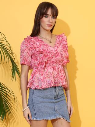 Pink printed V Neck Short sleeves  Top