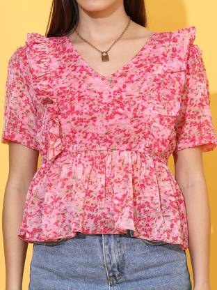 Pink printed V Neck Short sleeves  Top