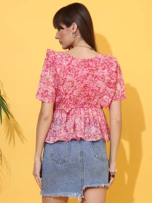 Pink printed V Neck Short sleeves  Top