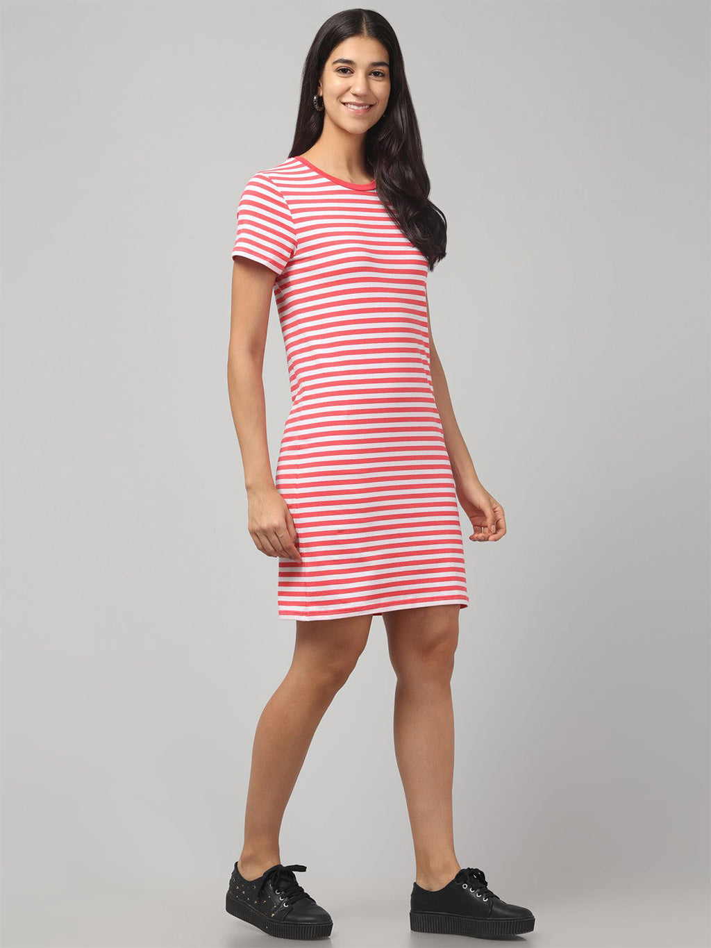 Trendy Red Striped T-Shirt Dress