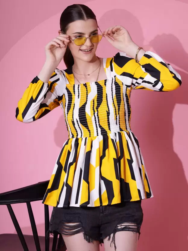 Yellow Floral Print Peplum Top