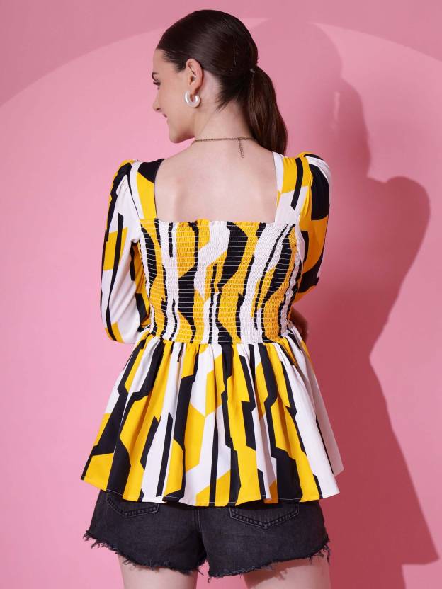 Yellow Floral Print Peplum Top