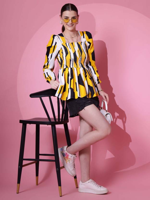 Yellow Floral Print Peplum Top