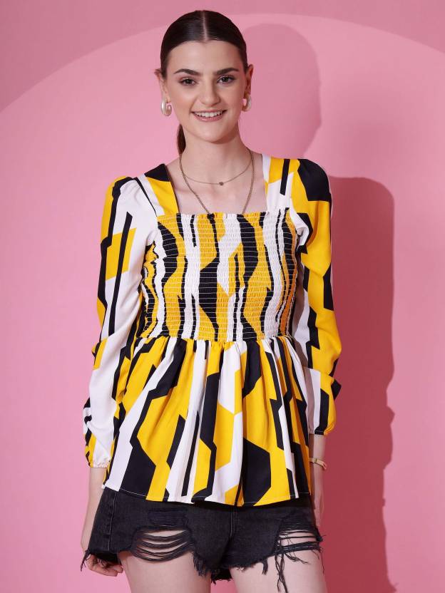 Yellow Floral Print Peplum Top