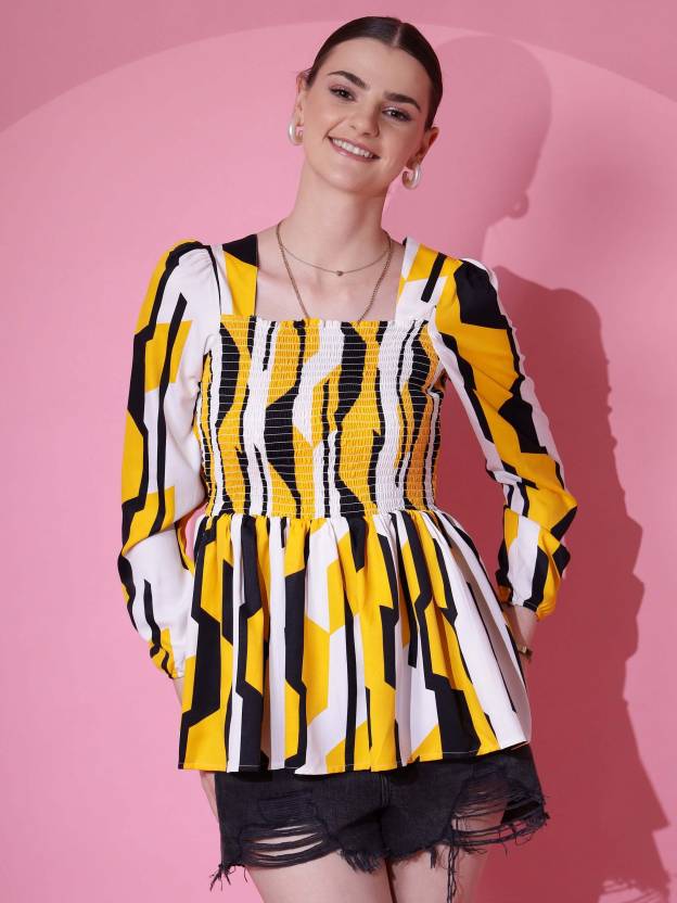 Yellow Floral Print Peplum Top