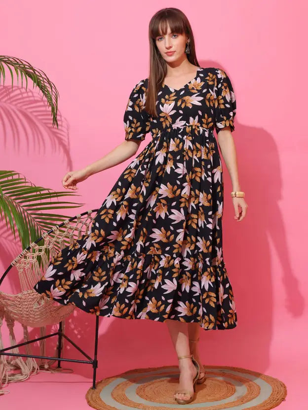 Noir Bloom Floral Midi Dress