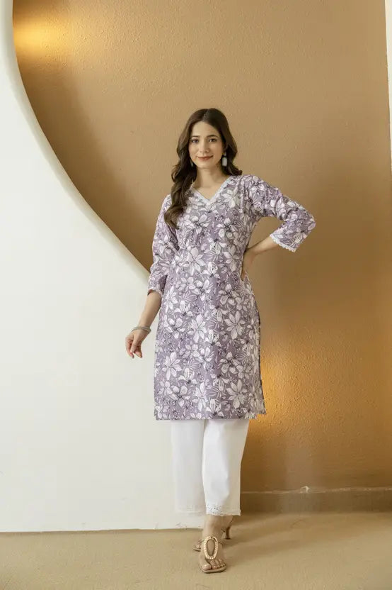 Purple Bloom Floral Cotton Kurta