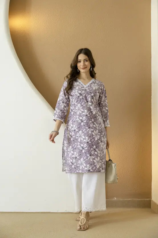 Purple Bloom Floral Cotton Kurta