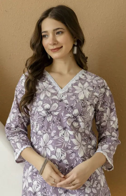 Purple Bloom Floral Cotton Kurta