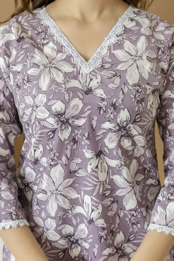 Purple Bloom Floral Cotton Kurta