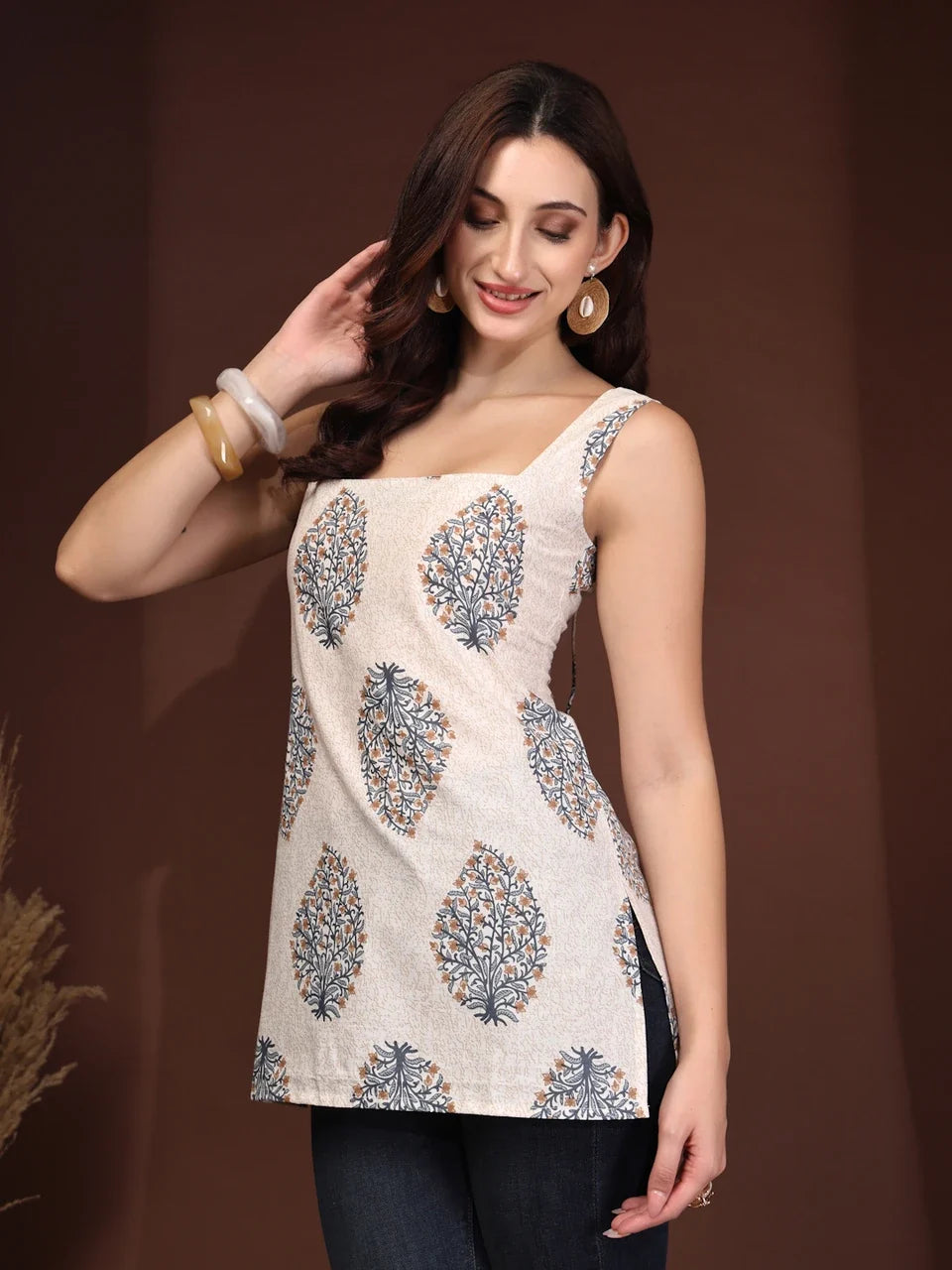 Grey Bloom Printed Short Kurta