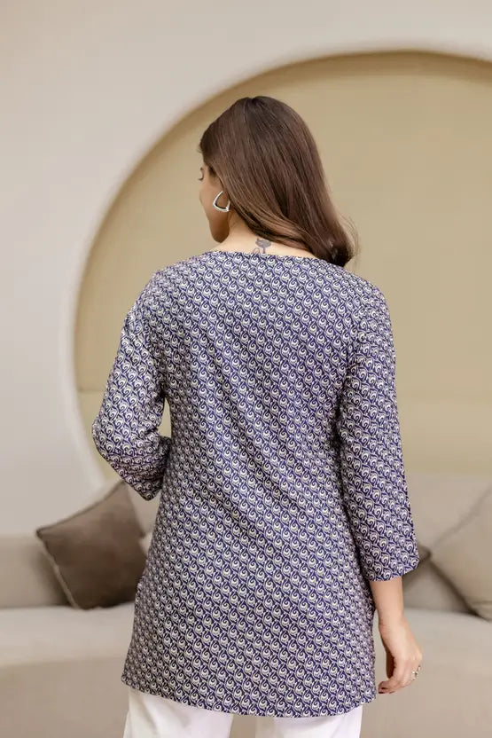 Chic Minimal Print Blue Short Kurta