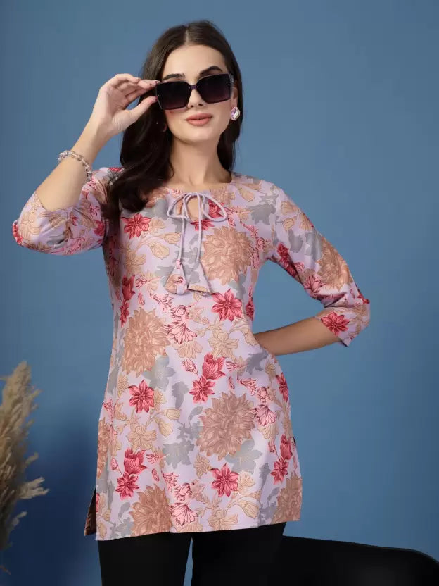 Purple Floral Tie-Up Neck Kurta