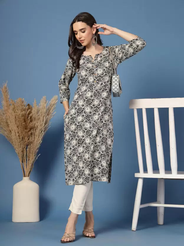 Black Floral Sweetheart Neck Kurta