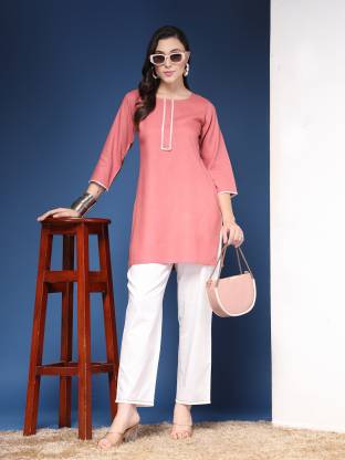 Peach Solid Straight Kurta