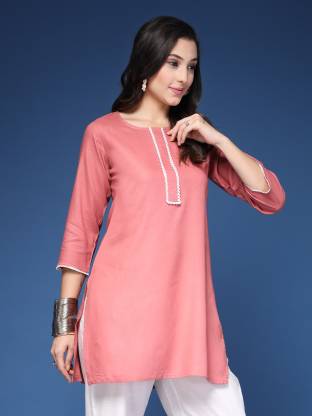 Peach Solid Straight Kurta