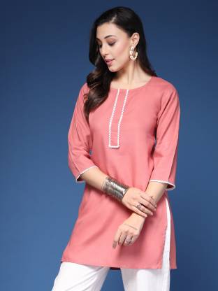 Peach Solid Straight Kurta
