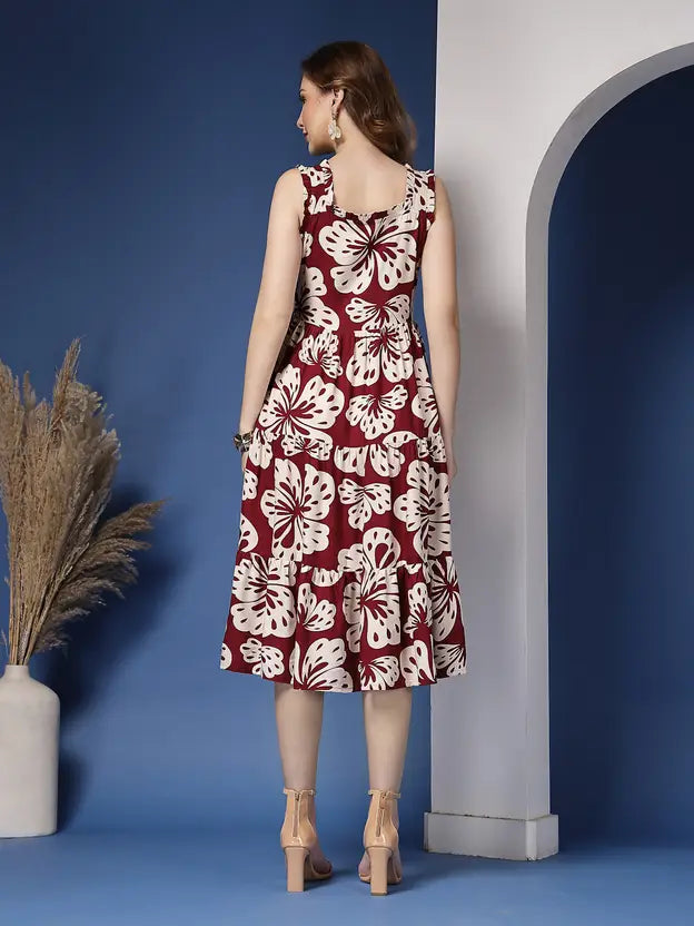 Maroon Bloom Fit & Flare Midi Dress