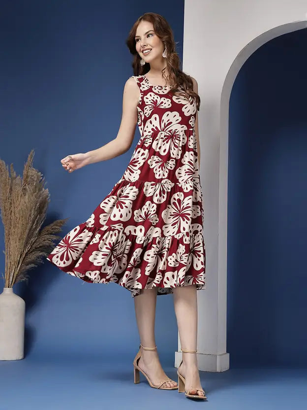 Maroon Bloom Fit & Flare Midi Dress