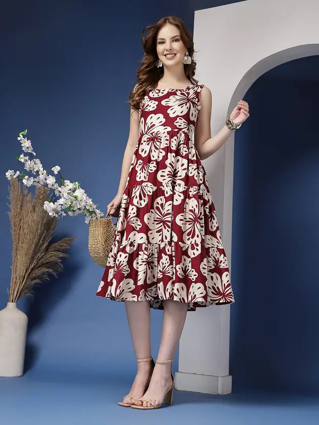 Maroon Bloom Fit & Flare Midi Dress