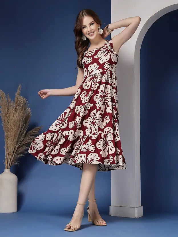 Maroon Bloom Fit & Flare Midi Dress