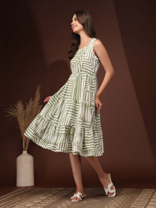 Emerald Bloom Geometric Print Midi Dress