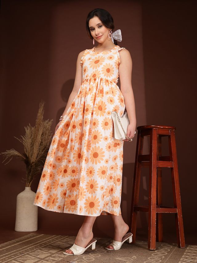 Elegant Orange Floral Fit & Flare Maxi Dress